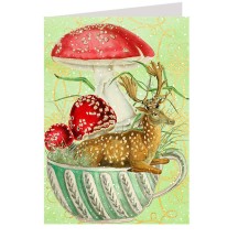 Glittered Deer and Red Mushrooms in Teacup Christmas Card ~ England